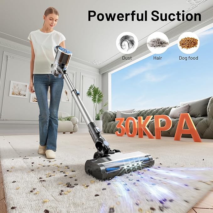 Cordless Vacuum Cleaner with Self-Standing LED Screen Stick Vacuum Cleaners for Home Lightweight Powerful Suction Vacuum 6-in-1 Rechargeable Vacuum for Carpets Pet Hair Hardwood Floors
