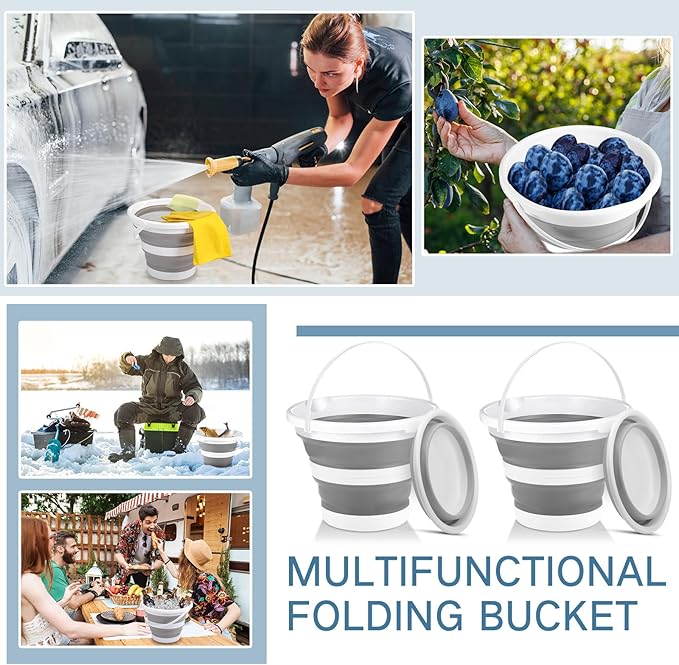 Pickmesh 4 Pcs Collapsible Bucket 2.6 Gallon (10l) Foldable Collapsible Sand Bucket with Handle Small Cleaning Pail for Household Outdoor Car Washing Camping Beach Sand (Gray)