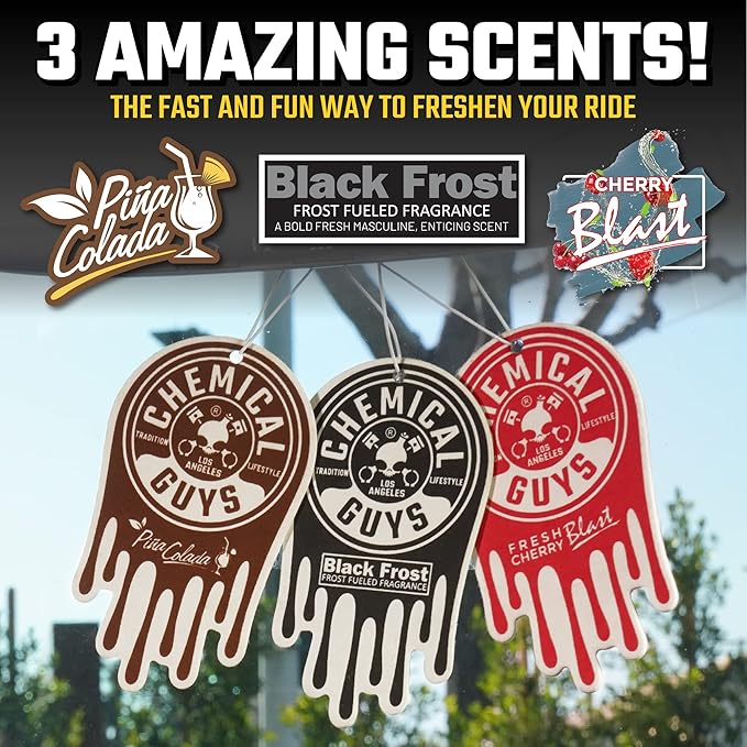 Chemical Guys Car Fresheners Hanging Air Fresheners Variety Scent Pack 12 Pack - for Cars Home Garage Workspace Dorm Room &amp More (4 x 3 Packs Black Frost Cherry Pina Colada)