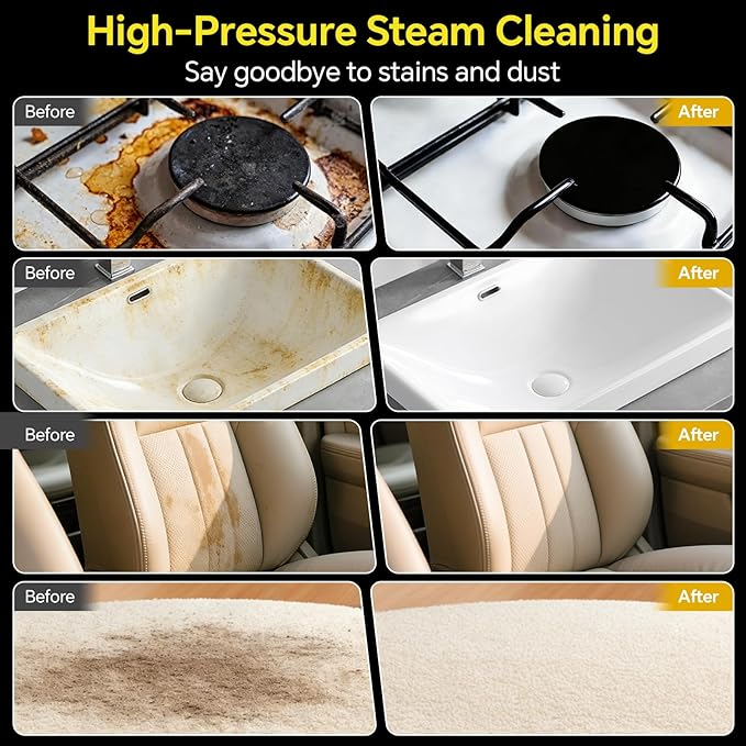 Heapsion Handheld Steam Cleaner 4 Bar Pressure 15s Fast Heat-Up 1.8L Large Capacity Tank 6 Steam Levels 12-Piece Accessories 1500W Portable Steam Cleaner for Grout Tiles Kitchen Car Detailing