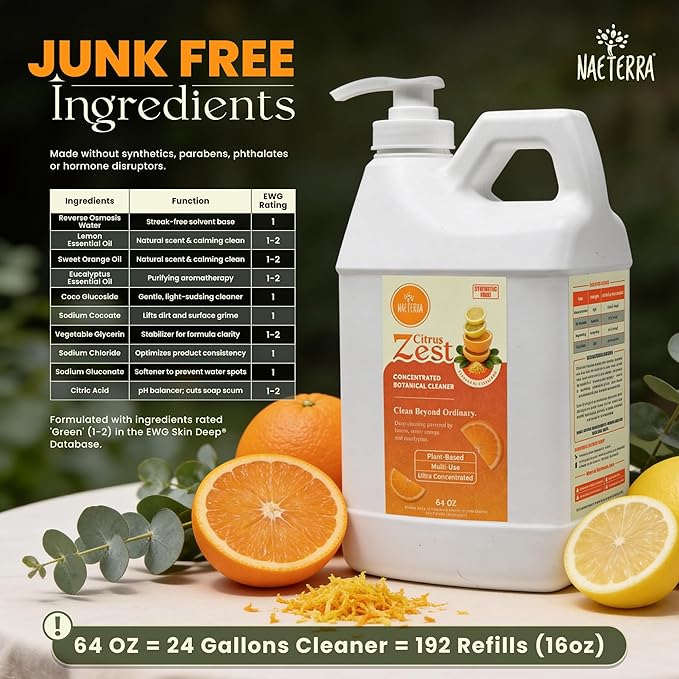 Naeterra Citrus Zest All-Purpose Cleaning Concentrate Kit – 64 oz Jug Makes 24 Gallons | Includes 16 oz Amber Glass Spray Bottle | Energizing Citrus Essential Oils | EWG Green-Rated Ingredients