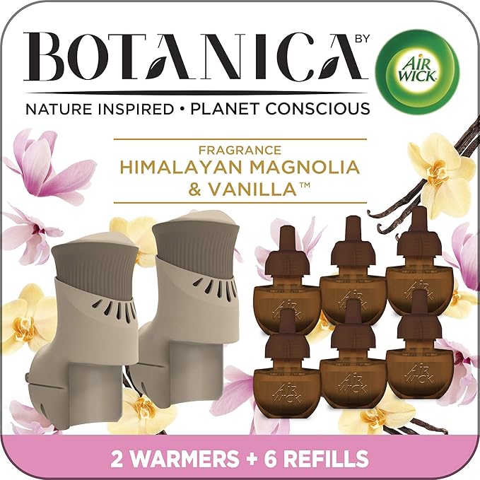 Botanica by Air Wick Plug in Scented Oil Starter Kit 2 Warmers + 6 Refills Himalayan Magnolia and Vanilla Air Freshener Eco Friendly Essential Oils
