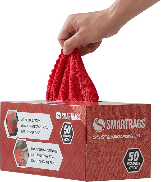 Arkwright Smart Rags Microfiber Cleaning Cloths Pack of 50 in a Box Lint Free 180 GSM Reusable Towels for Auto Office and Household Cleaning 12 x 12 in Red
