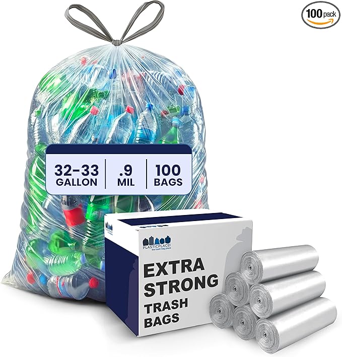 Plasticplace 32-33 Gallon Recycling Bags │ 0.9 Mil │ Clear Drawstring Garbage Can Liners │ 33 x 38 (100 Count)