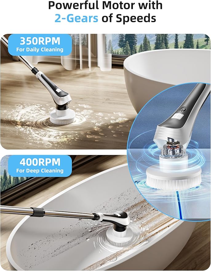 Electric Spin ScrubberCordless Shower Scrubber with Power Display ScreenIP68 Waterproof Bath Cleaning BrushAdjustable Extension Handle &amp 2 SpeedsElectric Cleaning Brush for BathroomKitchenTu