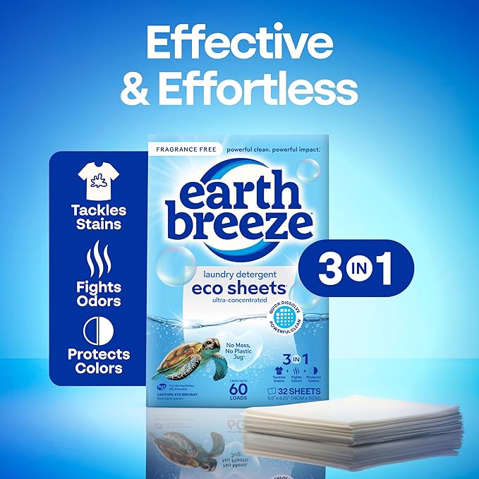 Earth Breeze Laundry Detergent Sheets Fragrance-Free - 180 Loads Eco Liquidless Soap - Travel-Friendly for Hot &amp Cold Cycles Tackles Tough Stains &amp Odors - Gentle on Sensitive Skin 90 Ct (3