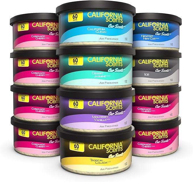 California Scents Can Air Freshener and Odor Neutralizer Set of 12 Spillproof Cans for Home and Car Assorted Scents 1.5 Oz Each (Packaging May Vary)