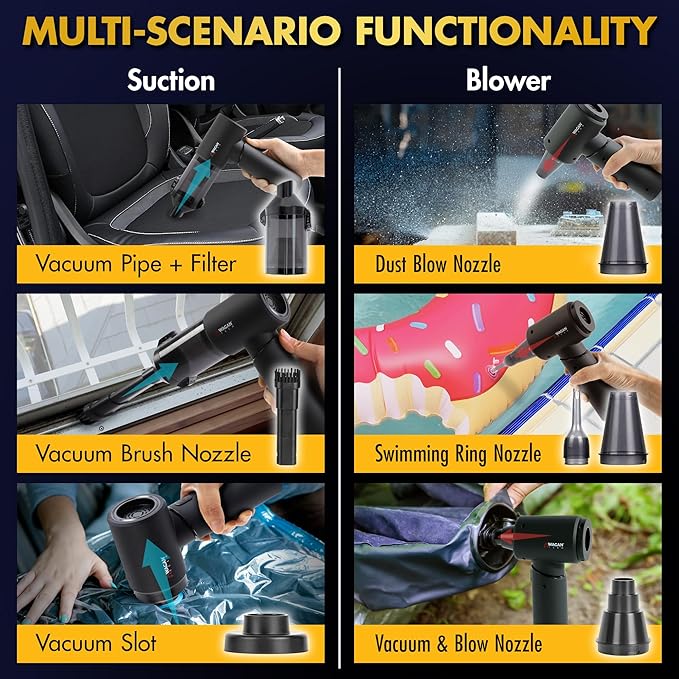 Wagan EL7209 Cordless Car Vacuum with Air Blower Brushless Motor 16000Pa Strong Suction Rechargeable Mini Handheld Vacuum Cleaner with USB-C Portable Dust Cleaner and Blower for Car Home Office