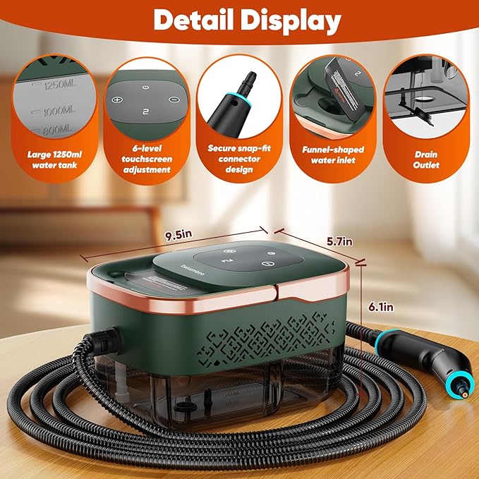 Steam Cleaner 2500W Home Handheld Grout Steam Cleaning Machine with 1.32QT Transparent Tank &amp 10 Attachments for Range Hood Stove Tile Upholstery Car Detailing &amp More (Green/Gold)