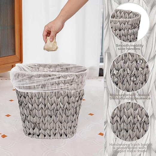 Wicker Trash CanWaterproof Bathroom Waste BasketPlastic Wicker Woven Waste Basket with Built-in Handles 19 Liters/5 GallonsDecorative Boho Rubbish Bin for Bedroom Office Kitchen Laundry (gray)