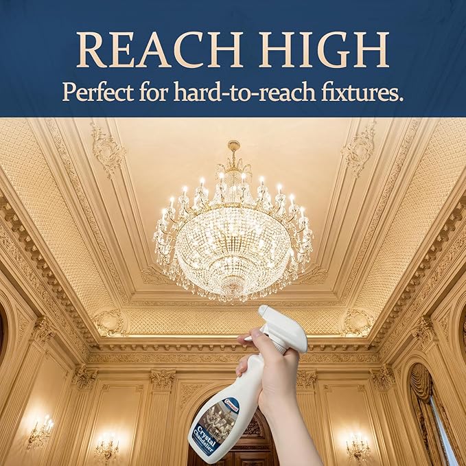 Crystal Chandelier Cleaner Spray No-Wipe Drip Dry Easy-to-Use Streak-Free Shine Safe for Crystal Glass &amp Metal Fixtures Ideal for High Ceiling Lighting (16.91 oz)