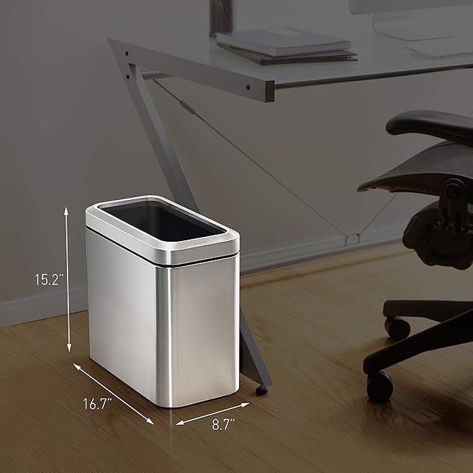 simplehuman 25 Liter / 6.6 Gallon Slim Open Top Small Trash Can Commercial Grade Heavy Gauge Office Trash Can Brushed Stainless Steel