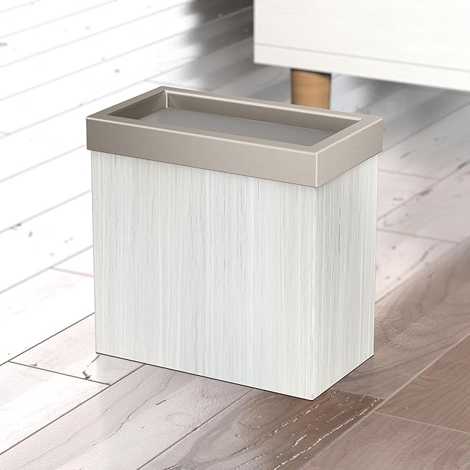 Gatco Small Bathroom Trash Can with Lid Rectangle 3 Gallon Wastebasket Under Sink White Oak with Satin Nickel for Bathroom Bedroom Office (1943SN)