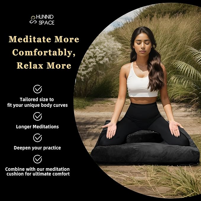 Meditation Zafu Cushion Set with Buckwheat Hulls &amp Memory Foam - Ergonomic Support for Yoga &amp Sitting - Removable Machine-Washable Luxury Velvet Cover - for Adults and Kids (Black)