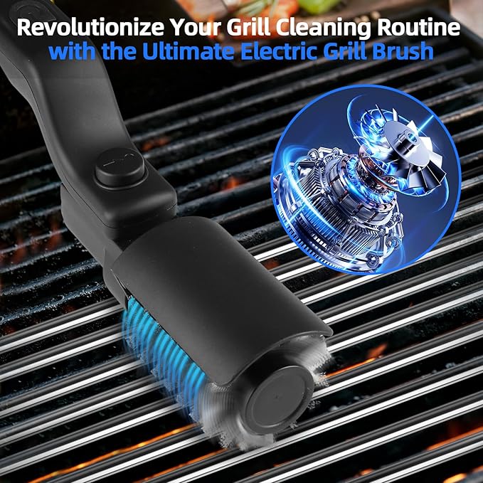 Upgraded Electric Grill Brush Cordless Rechargeable Grill Cleaning Brush with Adjustable Angle Stainless Steel Brush Head 3-Speed Power 90-Min Runtime Waterproof Cleaner for BBQ Grates (Black)