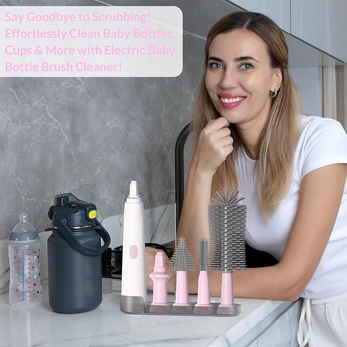 Electric Baby Bottle Brush Cleaner with Extended Handle &amp Drying Holder Baby Bottle Brush Set with Silicone Bottle/Nipple/Crevice/BrushStraw CleanerLifesaver Automatic Bottle CleanerGray