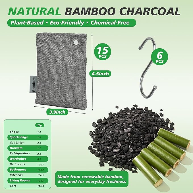 Activated Charcoal Bags Air Purifying 15 Pack Bamboo Charcoal Odor Absorber for Home Closet Car Shoes 70g Gray Natural Odor Neutralizer Moisture Absorber Reusable up to 2 Years 6 Hooks