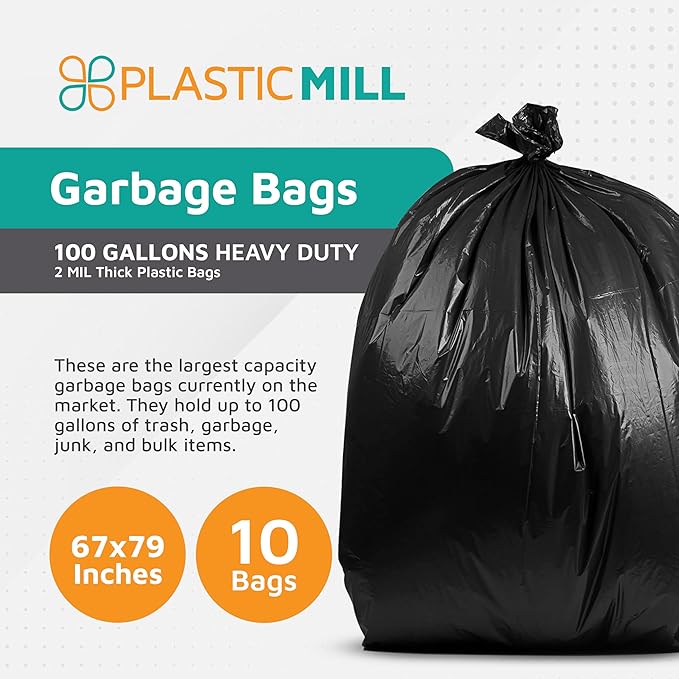 PlasticMill Heavy Duty Trash Bags - Black Garbage Bags - Plastic Trash Bags for Large Rolling Trash Bins - Tall Trash Bags - 100-Gallon Large Kitchen Trash Bags 2 Mil 67x79 (10-Count)