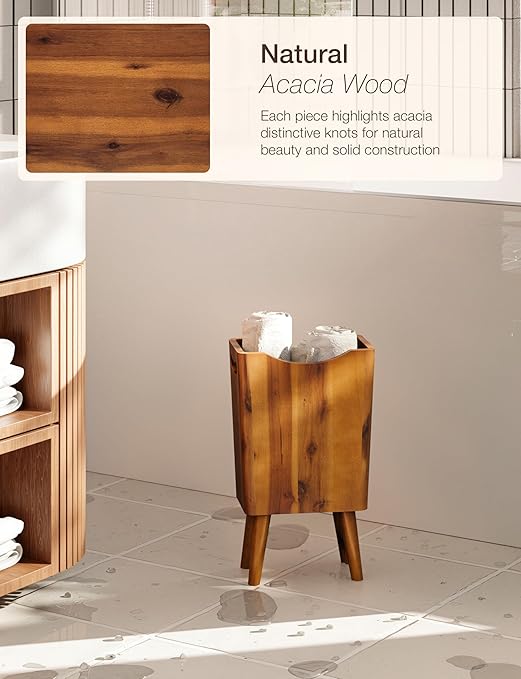 2 Gallons Wooden Trash Can 4 Legs - Acacia Wooden Bin Wood Bathroom Accessories - Small Bin Waste Basket for Bedroom Office Garbage Can - Decorative Bathroom Trash Can - Patent Pending