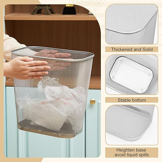 Nuanchu 1 Pcs Mesh Square Trash Cans 4 Gallons Wire Wastebasket for Home Black Metal Office Garbage Cans Rectangular Open Top Trash Bin for Kitchen Bathroom Bedroom 11.7 x 8.5 x 11.8 Inch (Silver)
