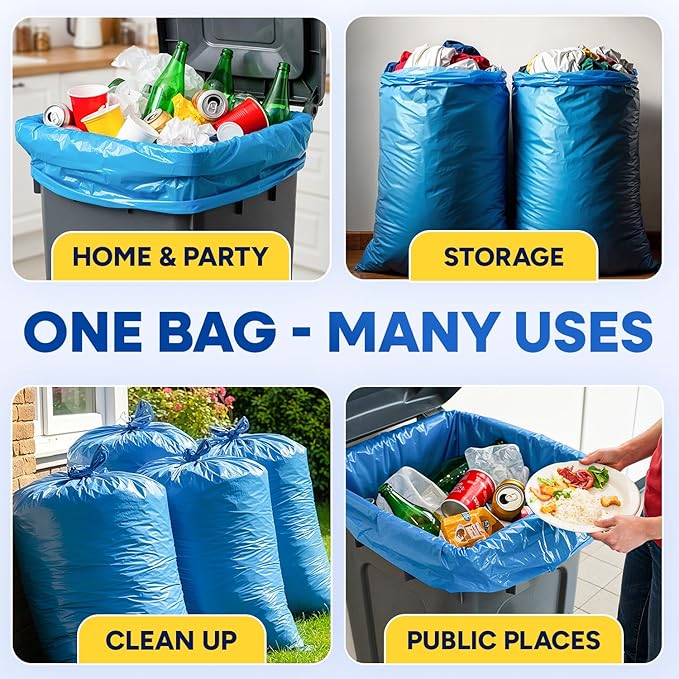 55-60 Gallon Trash Bags Heavy Duty 1.5 Mil Fits Rubbermaid Brute Rollout Round and Square 32-55 Gallon Trash Cans 43 x 47 Large Durable Garbage Trash Can Liners Blue Pack of 100