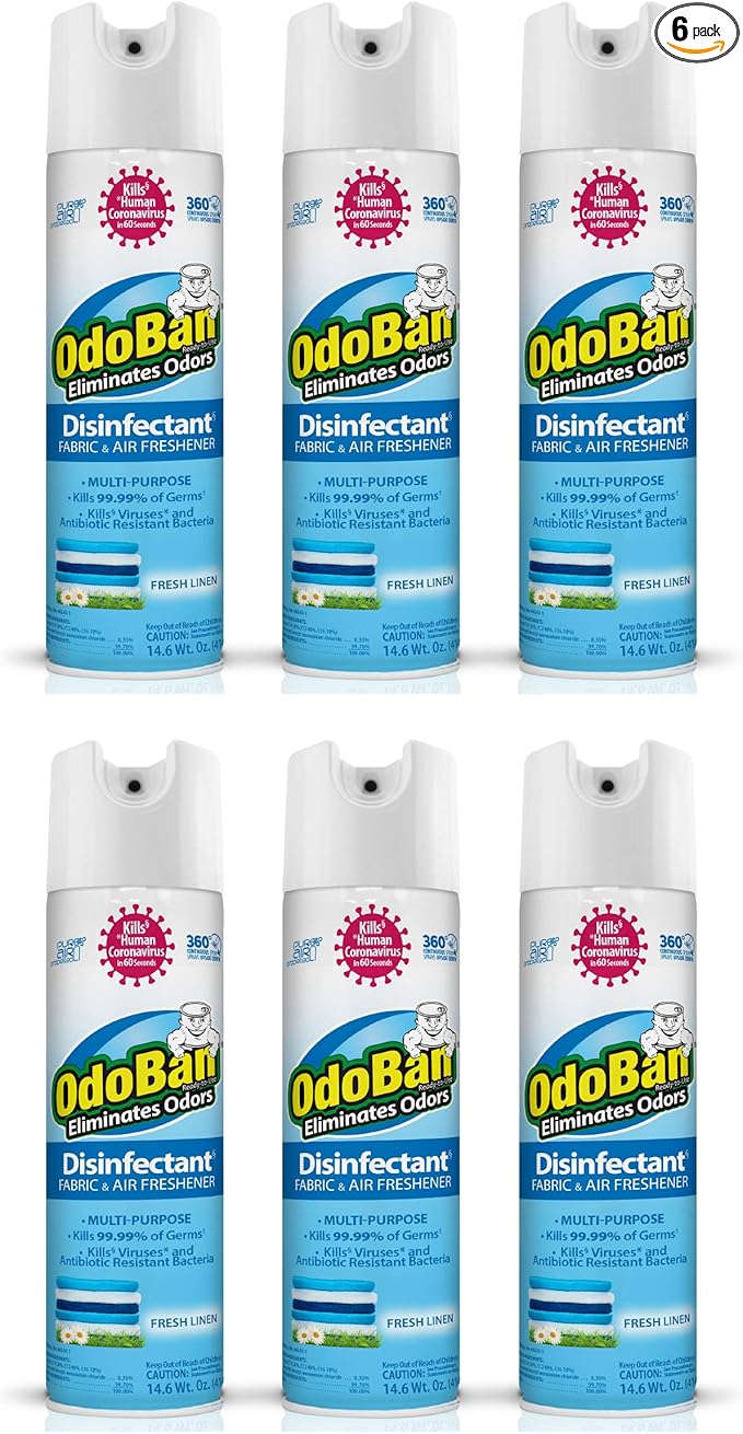 OdoBan Ready-to-Use 360-Degree Continuous Spray Disinfectant and Harsh Aroma Eliminator Fabric and Air Freshener 6 Pack 14.6 Ounces Each Fresh Linen Scent