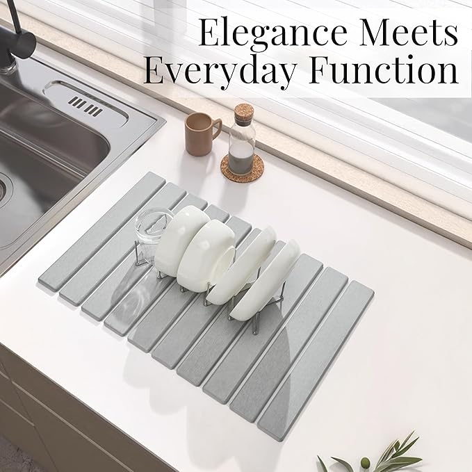 Diatomaceous Stone Dish Drying Mat with Collapsible Steel Rack - Quick Dry Kitchen Counter Set Space Saving Foldable Dryer
