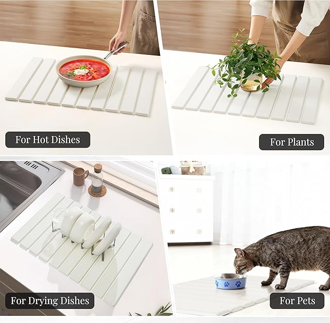 Diatomaceous Stone Dish Drying Mat with Collapsible Steel Rack - Quick Dry Kitchen Counter Set Space Saving Foldable Dryer