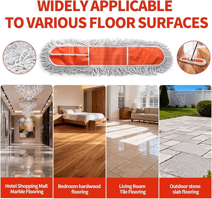 36 Large Commercial Dust Mops for Industrial Floor Marble LaminateTileConcreteGarage. Janitor Broom Wide Dry mop for Hardwood Heavy Duty Long Handle Hotel Gym Household Cleaning Supplies