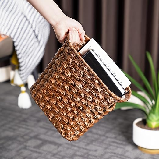 Brown Wicker Waste Basket with Built-in Handles - Multifunctional Mini Wicker Trash Can for Home and Office - Compact Design and Durable Construction with Fine Artisanal Craftsmanship