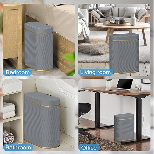 steo spce Bathroom Small Trash Can with Automatic Touchless Lid 2.6 Gallon Smart Garbage Can Narrow Waterproof Trash Bin for Bedroom Office Living Room (Gold Grey)