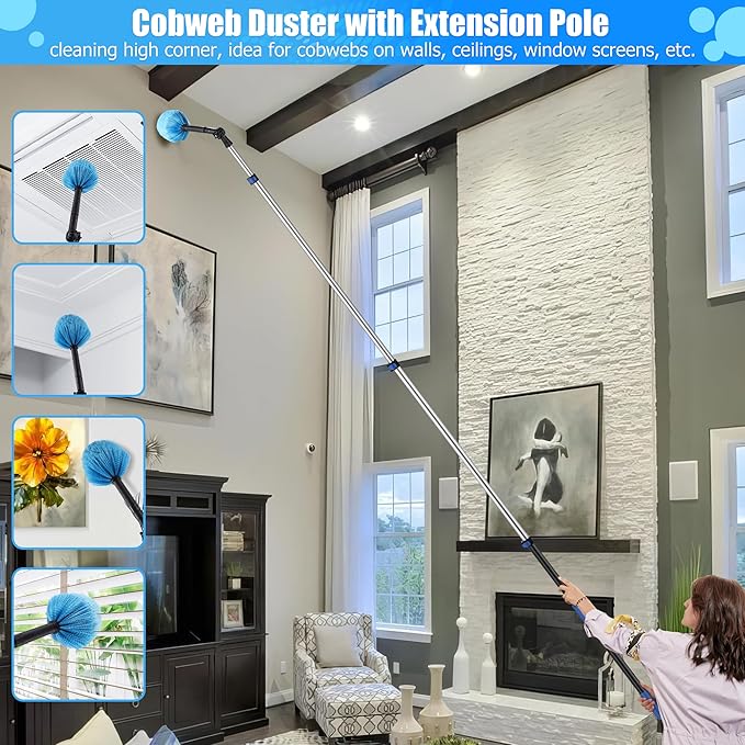 20 Foot High Reach Ceiling Duster Kit 3.6-12ft Extendable Pole with Cobweb DusterCeiling Fan DusterWindow Squeegee and Scrubber Microfiber Feather for Easy Cleaning Indoor &amp Outdoor