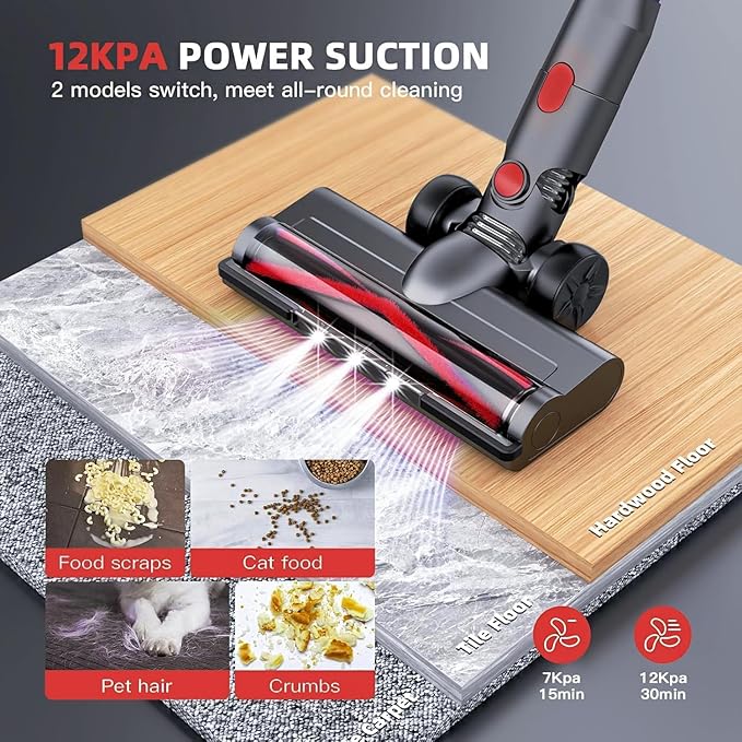 Cordless Vacuum CleanerVacuum Cleaners for Home with Super SuctionLightweight Stick Vacuum with 35 Mins RuntimeRechargeable Cordless Vacuum for Carpet Tile Pet Hair Hardwood Floors(Red Grey)