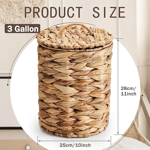 Ctosree 3.8 Gallons Large Wicker Trash Can with Lid Handle Woven Wicker Rattan Bathroom Waste Basket Boho Trash Basket with 100 Plastic Garbage Bags for Bedroom Office Laundry (Classic Style Nautral)