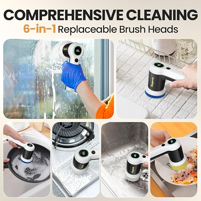 Electric Bathroom Cleaning Brush Cordless Spin Scrubber Full Body Waterproof IPX7 with 6 Replaceable Brush Heads for Bathtub/Kitchen/Window/Home Cleaning -SD-CTB02