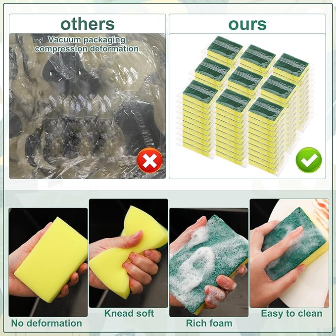 90 Pack Individually Wrapped Sponges Uncompressed Kitchen Dishwashing Non Scratch Scrouing Sponge Bulk for Hotel Car Airbnb ApartmentsGreen