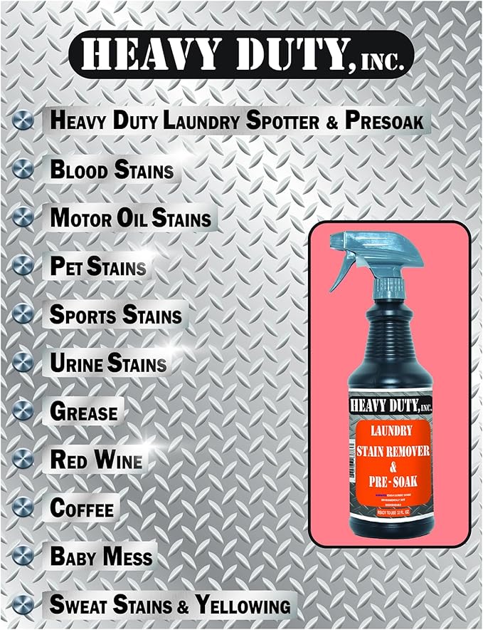 Heavy Duty Laundry Stain Remover &amp Pre-Soak Spray - 32 fl oz - Industrial Strength Fabric Spot Cleaner - Removes Oil Blood Urine Pet Grass Sweat - Pre-Wash Treatment - Color Safe Non-Bleach