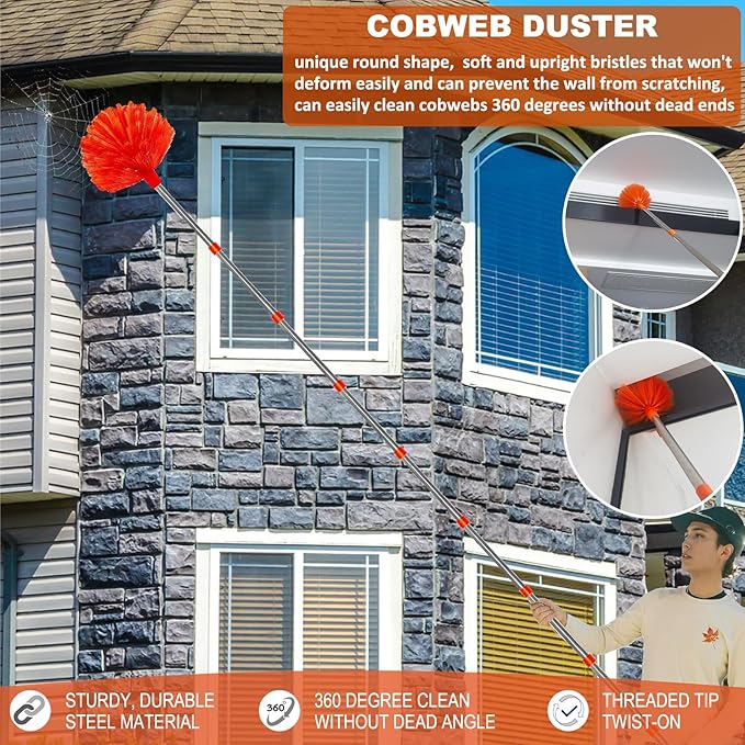 20 Ft+ High Reach Cleaning Tool Kit - Microfiber Feather Ceiling Fan Duster &amp Cobweb Duster with 3-14 ft Spliceable Pole Duster for Cleaning Fan Spider Web Ceiling Blinds Furniture Clean