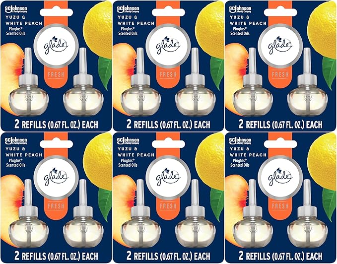 Glade PlugIns Scented 2-Count Oil Refills Yuzu &amp White Peach – 6 Pack (0.67 oz Each) – Long-Lasting Air Freshener Refill for Home Office &amp Bathroom