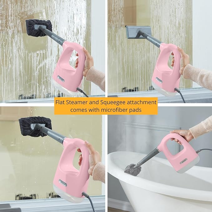 SALAV® CleanSteam Compact Steam Cleaner Pressurized Multi-Surface Handheld Steamer w/11pc Accessories Safety Lock No-Drip Fast Heat Time Unlimited Use for Cleaning Windows Tiles Grout Car (Pink)