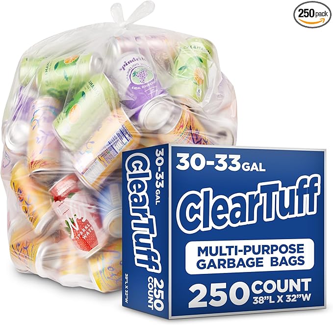 Stock Your Home Clear Trash Bags – 30-33 Gallon (250 Pack) – Disposable Leak-Resistant Garbage Can Liners for Office Bathroom Deli Produce Dog Poop Cat Litter