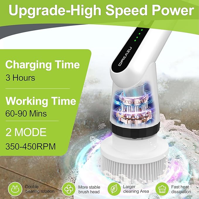 WKY-Electric Spin Scrubber - Upgraded 12-in-1 IPX7 Waterproof Shower Scrubber Retractable Handle &amp 2-Speed for Toilet Bathroom Bathtub Tile Floors