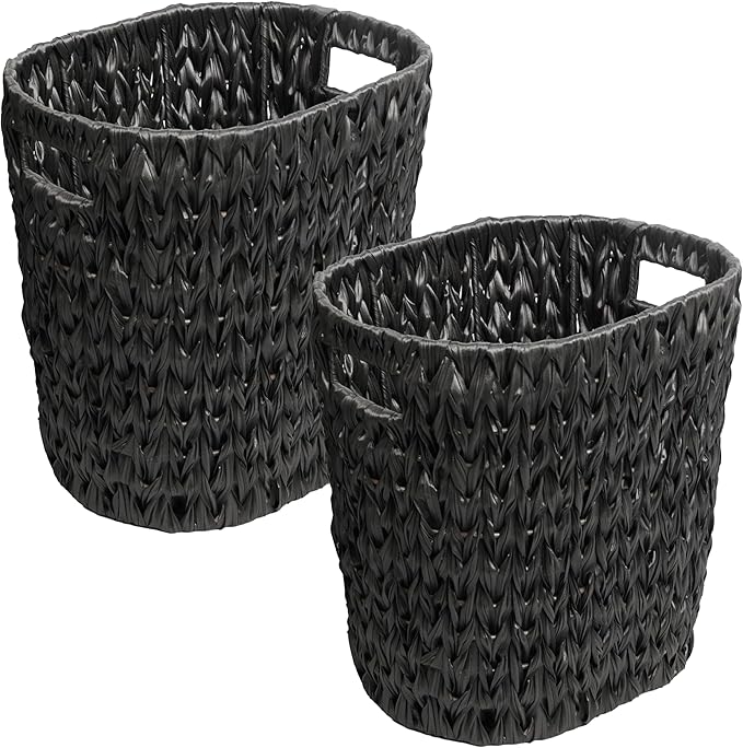 happimess HPM1407C-SET2 Maple Contemporary Farmhouse Resin 4.5-Gallon Tapered Oval Wicker Watebasket with Handles Black (Set of 2)