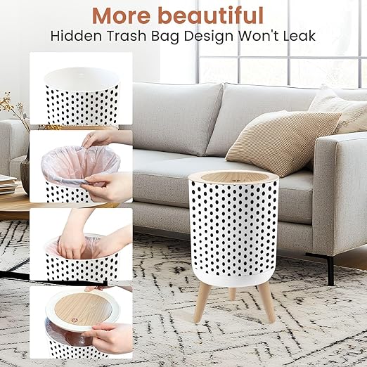 Bathroom Trash Can with Lid Polka dot Abstract Black White Seamless Dotted Cute Artistic Doodle Garbage Bin Waste Basket for Kitchen Office Bedroom Decoration Diaper Pail 1.8 Gallon