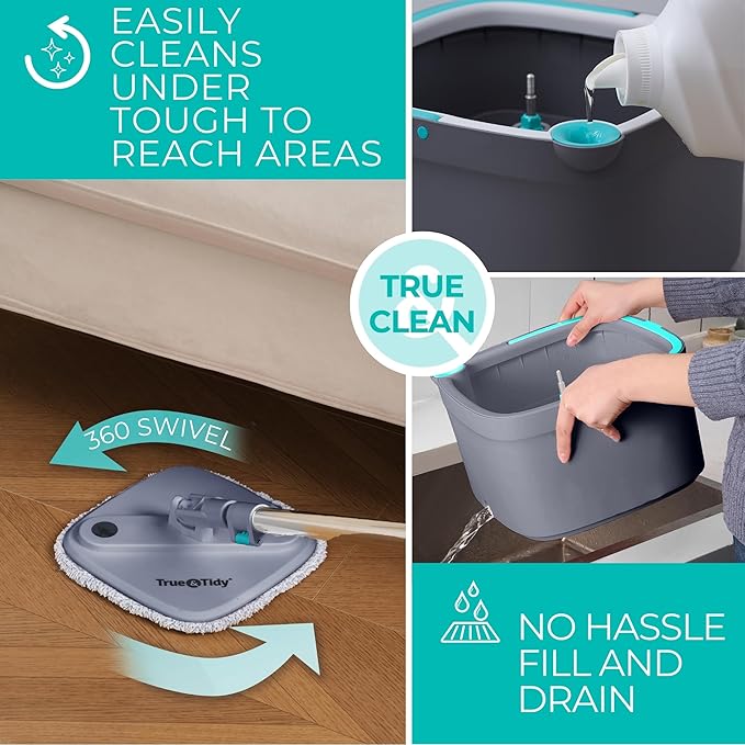 True &amp Tidy True Clean Spin Mop &amp Bucket System – Dual Compartment Design for Clean &amp Dirty Water 360° Swivel Mop Head Built-in Scrubbing Brush Stainless Steel Handle &amp 2 Reusable M