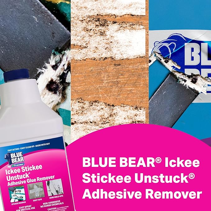 Blue Bear Ickee Stickee Unstuck Adhesive Remover – Fast-Acting Low-Odor Natural Citrus &amp Soy Formula – Removes Sticker Label Tape &amp Glue Residue from Most Hard Surfaces (1 Quart)