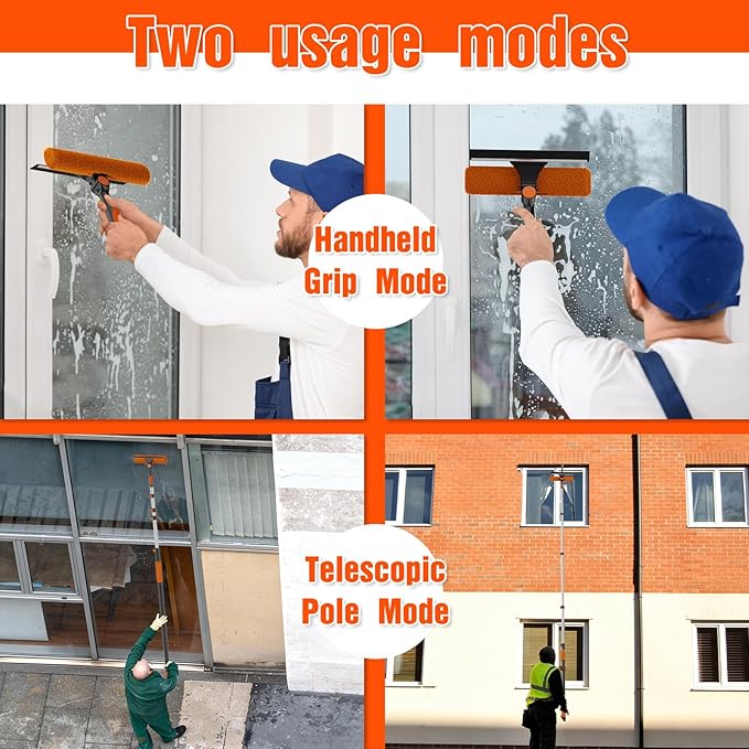 16FT Reach Window Squeegee Kit with Extension Pole 2-in-1 Professional Washer for High Windows 3-12FT Adjustable Reach Rotatable Head for Indoor &amp Outdoor Use Streak-Free Cleaning Tool for Hom