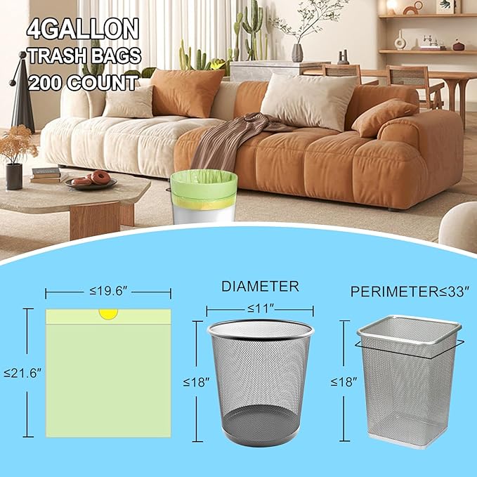 4 Gallon green Trash Bags - Drawstring small trash Bags for Bathroom Kitchen Bedroom Office 200Count Durable &amp Thick Trash Bag