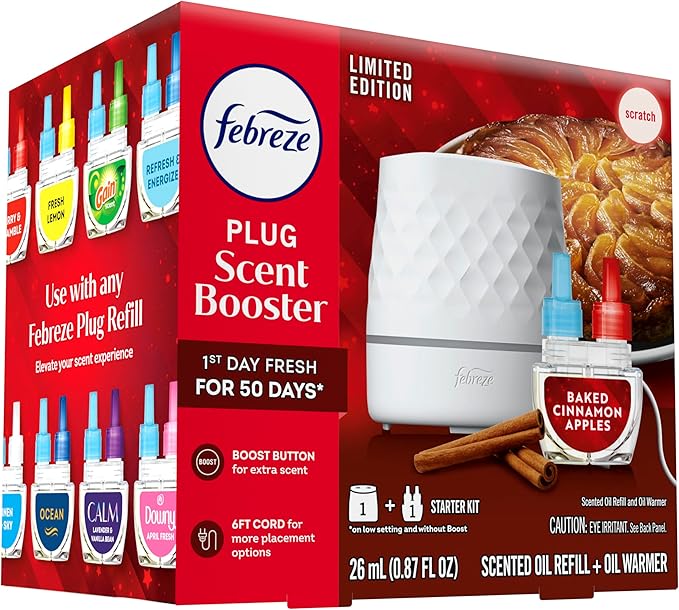 Febreze Plug Scent Booster Starter Kit Oil Diffuser Air Freshener Plug in Continuous Scent 2 Devices + 2 Baked Cinnamon Apple Refill
