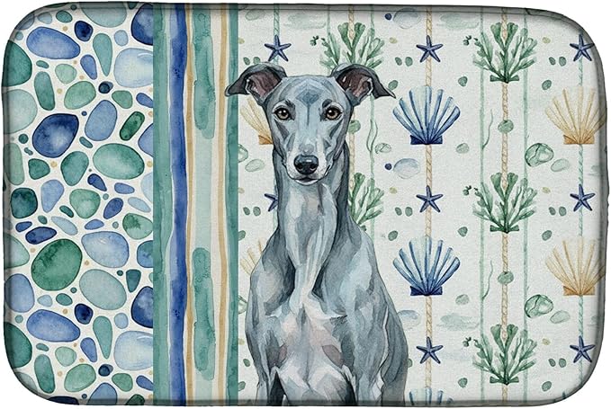 Caroline's Treasures Blue Brindle Greyhound Coastal Sea Glass Dish Drying Mat Absorbent Dish Drying Mat Pad for Kitchen Counter Dish Drainer Mat for Countertop 14 x 21 Multicolor
